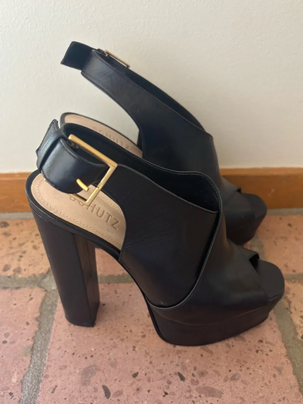 Schutz Priscila Slingback Sandals Black Napa Leather Platform Heels